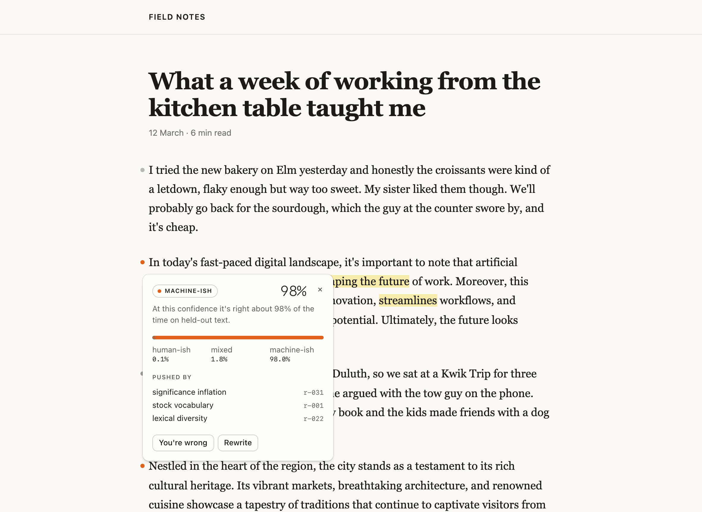 A blog post with a small dot in the margin beside each paragraph. One dot is orange, and beside it a card reads machine-ish, 98%, pushed by significance inflation, stock vocabulary and lexical diversity.